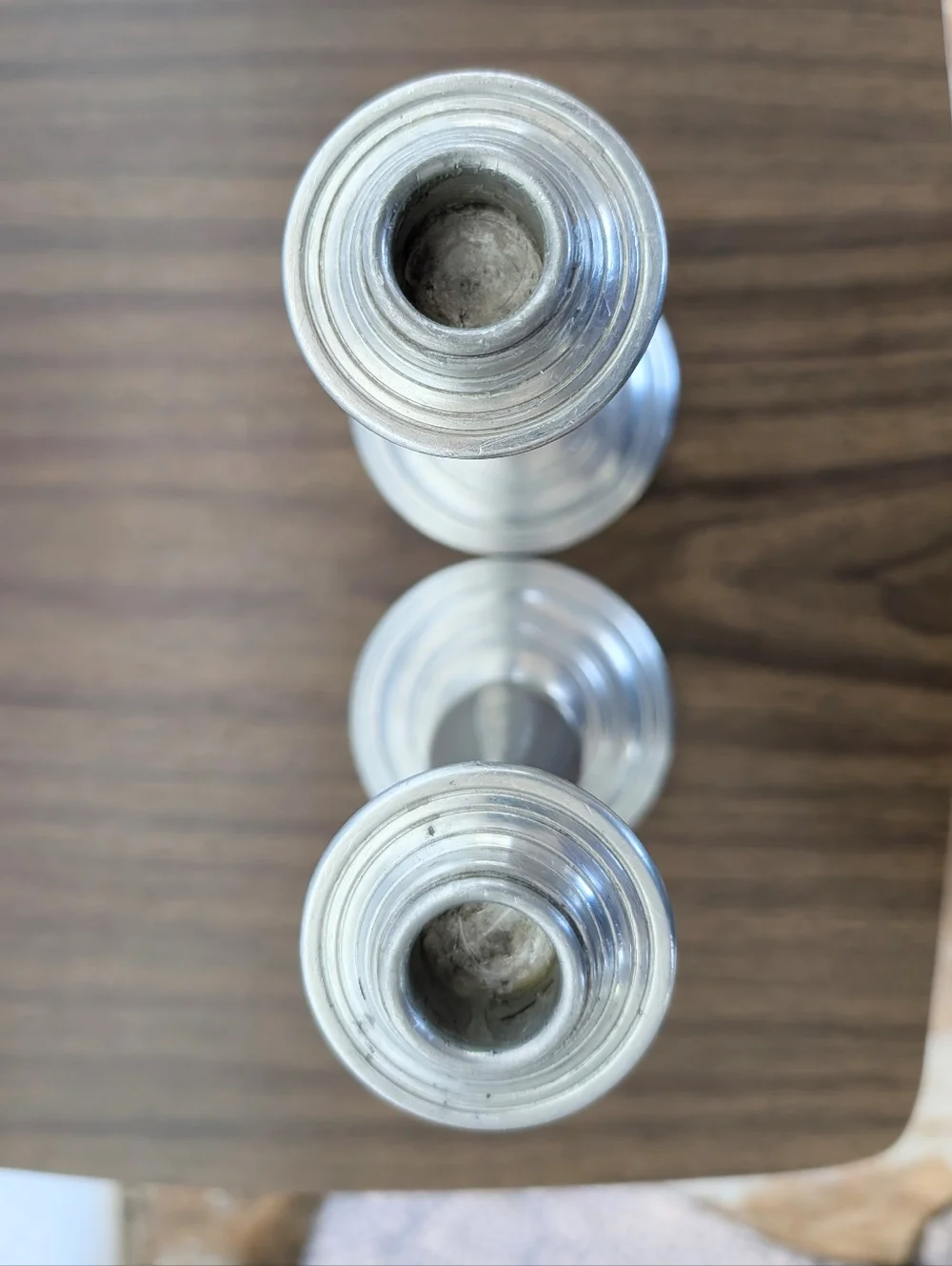 Pair Of Vintage Spindle Silver Tone Mayflower Pewter Tall Candlestick Holders
